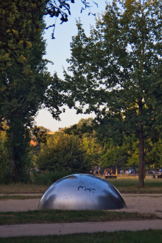 Photo of a large steel sphere in Berlin's Volkspark Friedrichshain